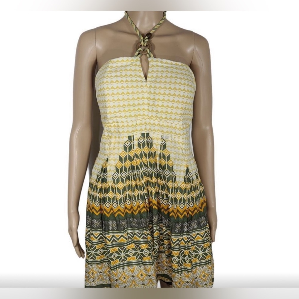 Lulumarie Yellow Boho Halter Fully Lined Cotton Sundress  Wood Accents  Size L